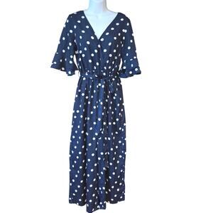 True Destiny navy with white polka dots 3/4 sleeve and pant jump suit sz M
